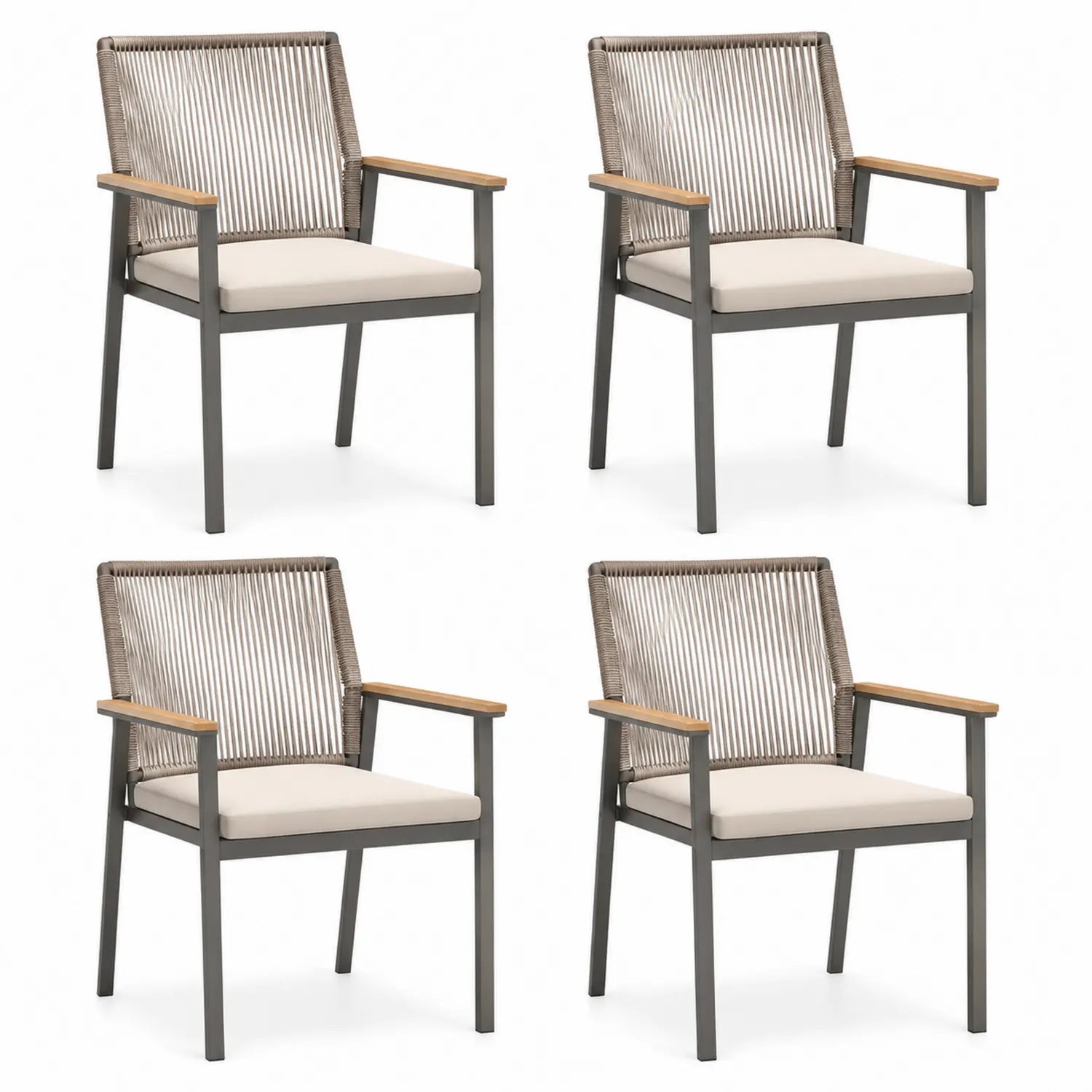 Set di 4 sedie da esterno in alluminio e corda con braccioli in legno
