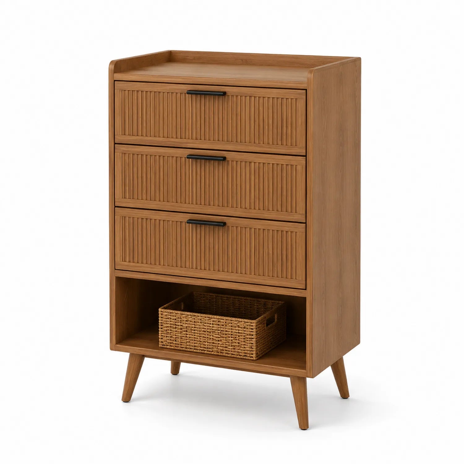 Cassettiera in Legno di Noce con 3 Cassetti e Cestino in Vimini