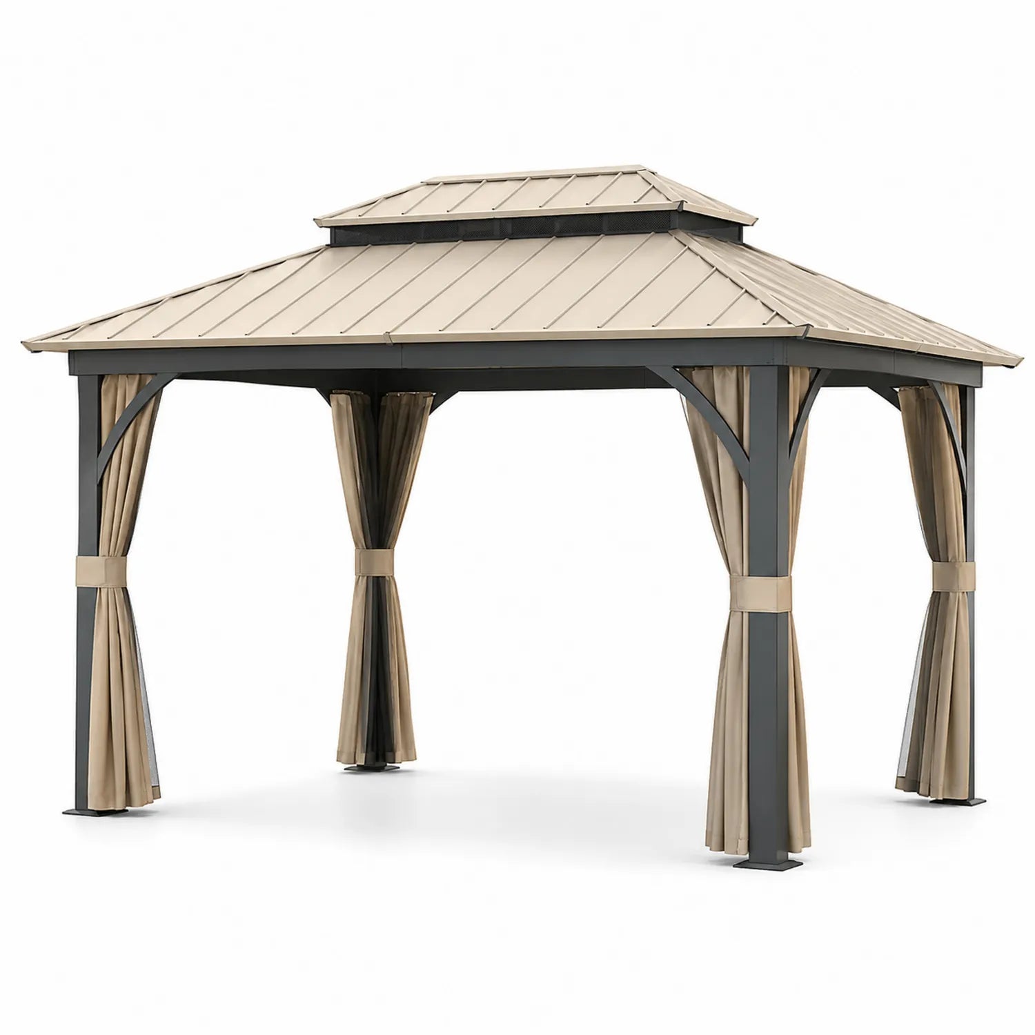Gazebo in Alluminio con Tetto in Acciaio e Tende in Poliestere Beige