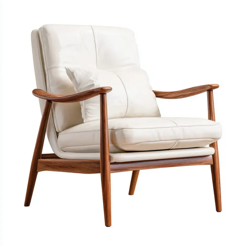 Armchair 75x85x80 cm – Cream White Leather – Mid-Century Modern