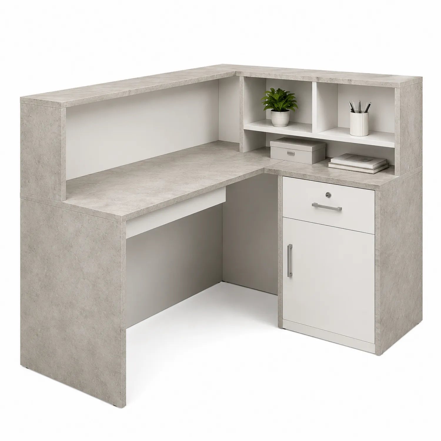 Scrivania Angolare con Ripiani e Cassetti in Truciolato Cemento/Bianco 120x140x96 cm