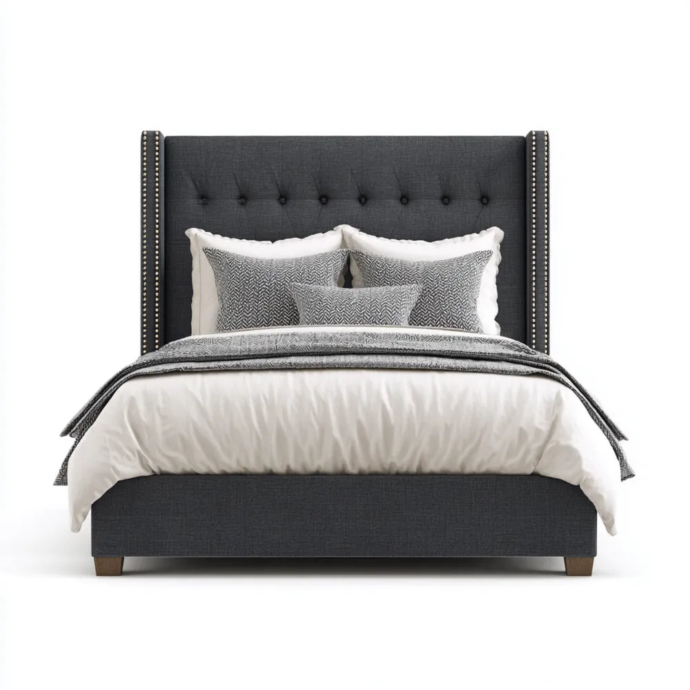 Double Bed Upholstered Fabric - 140x200x120 cm - Dark Gray - Modern Style