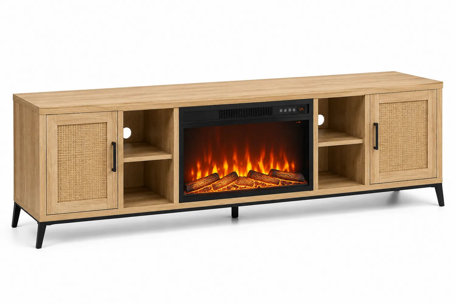 Mobile TV con Caminetto Elettrico in Legno e Rattan