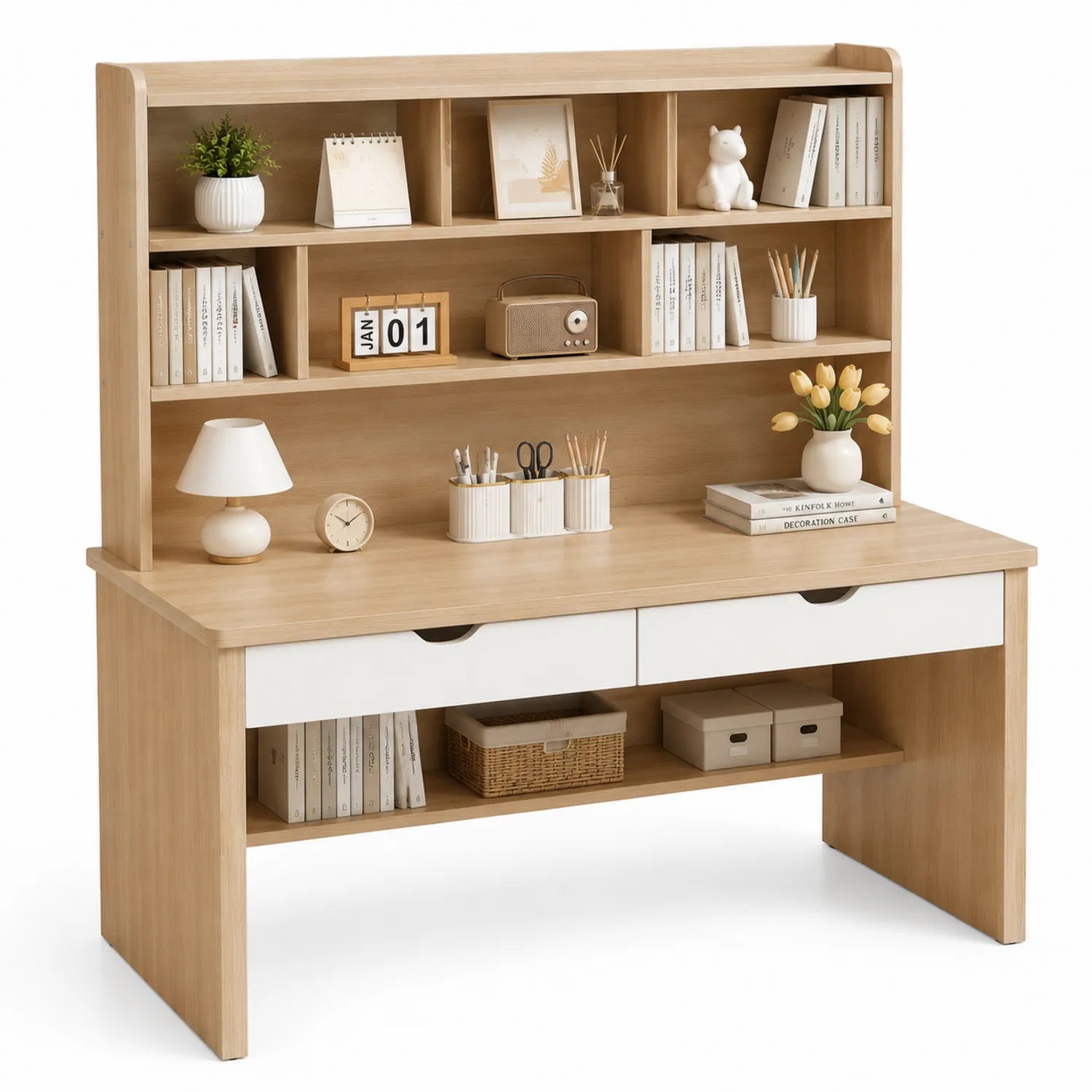 Scrivania con Libreria in Legno Composito Naturale/Bianco 120x60x120 cm