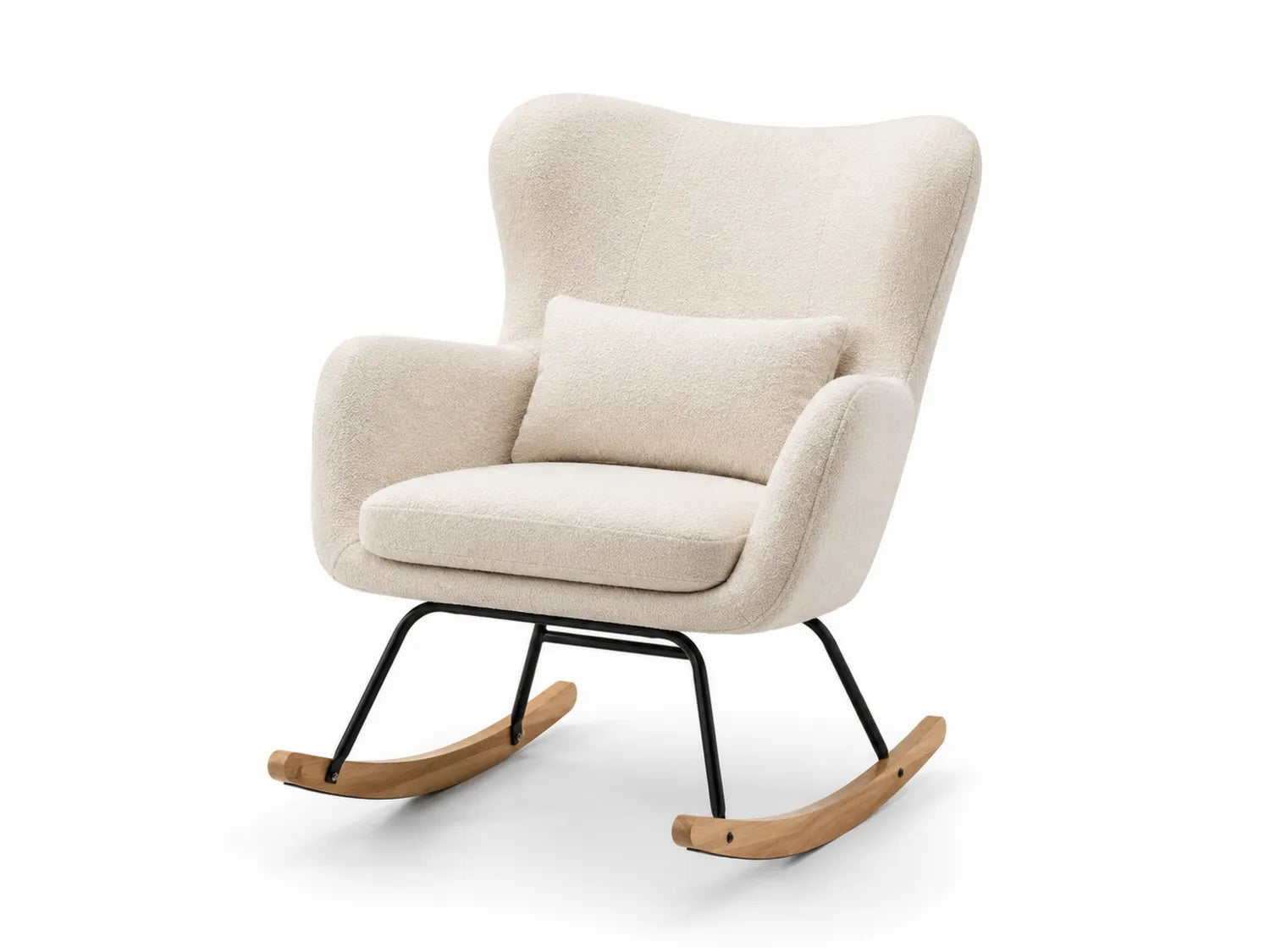 Sedia a dondolo in tessuto bouclé beige con struttura in metallo e basi in legno