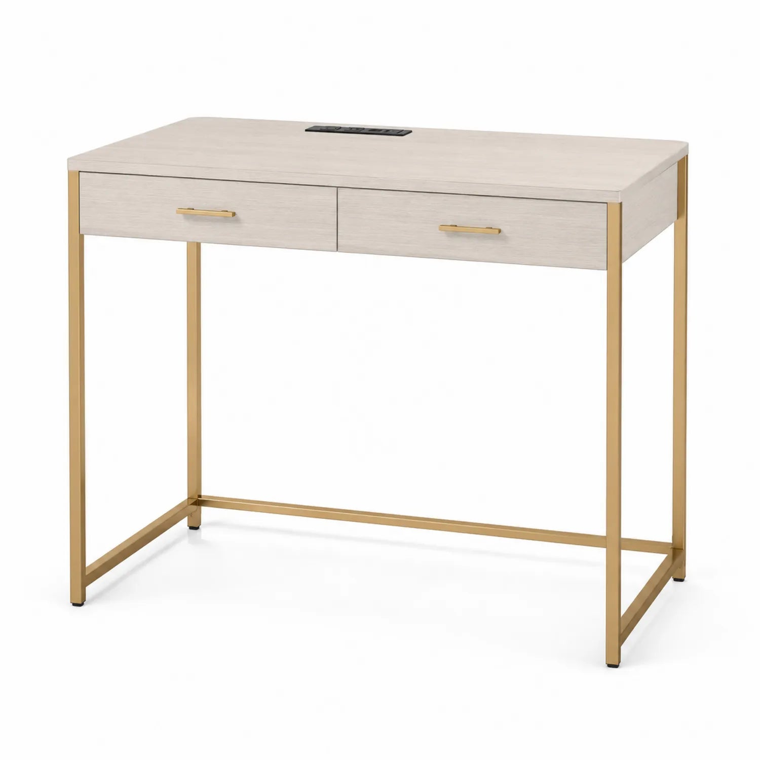 Scrivania in legno composito con struttura in acciaio dorato e due cassetti