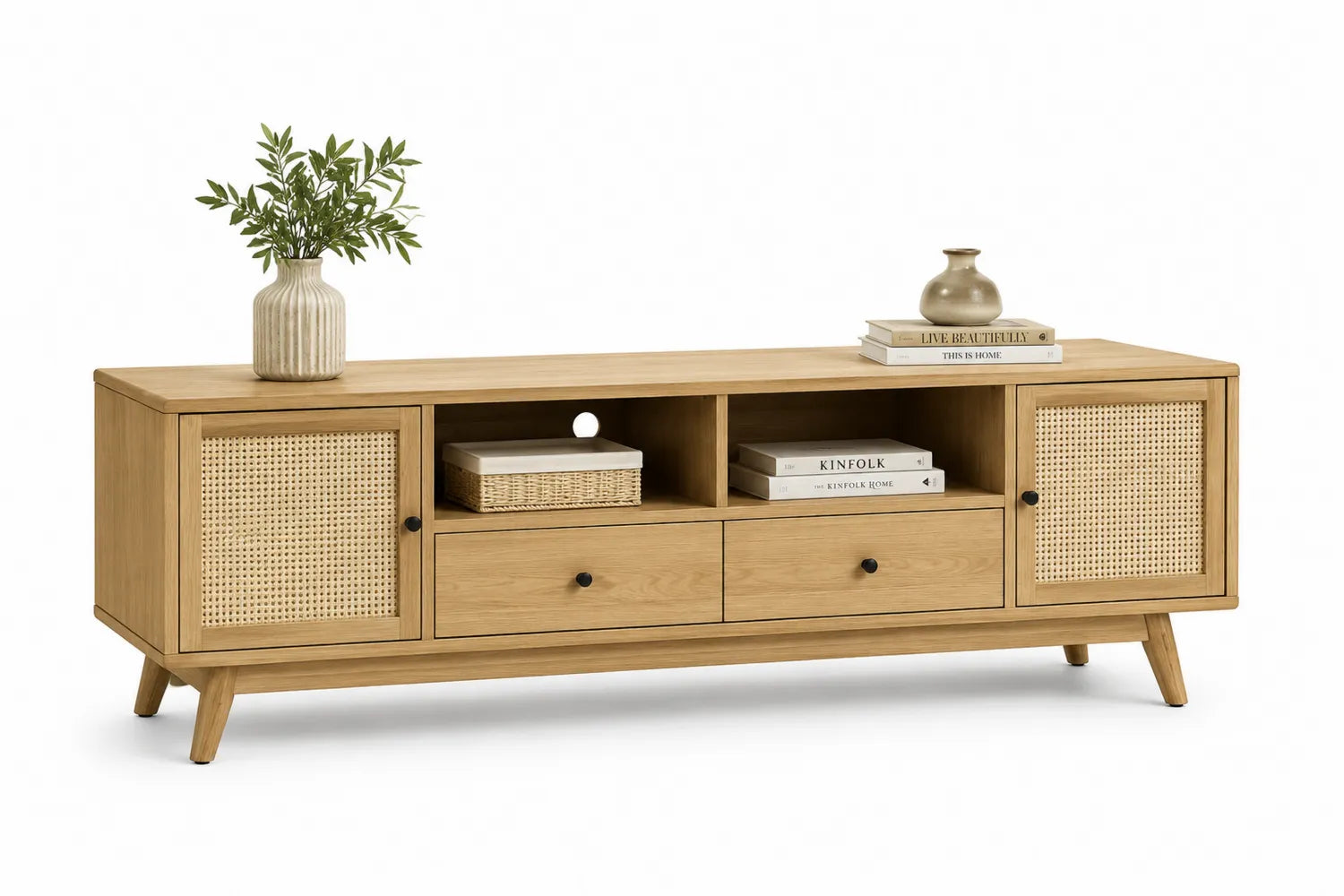 Mobile TV in Legno e Rattan con Cassetti e Ante