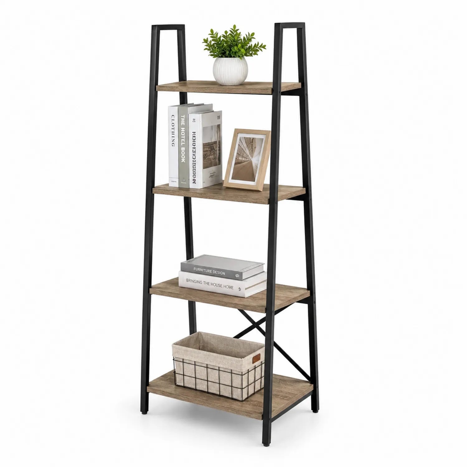 Scaffale a Scala in MDF e Metallo Nero con 4 Ripiani