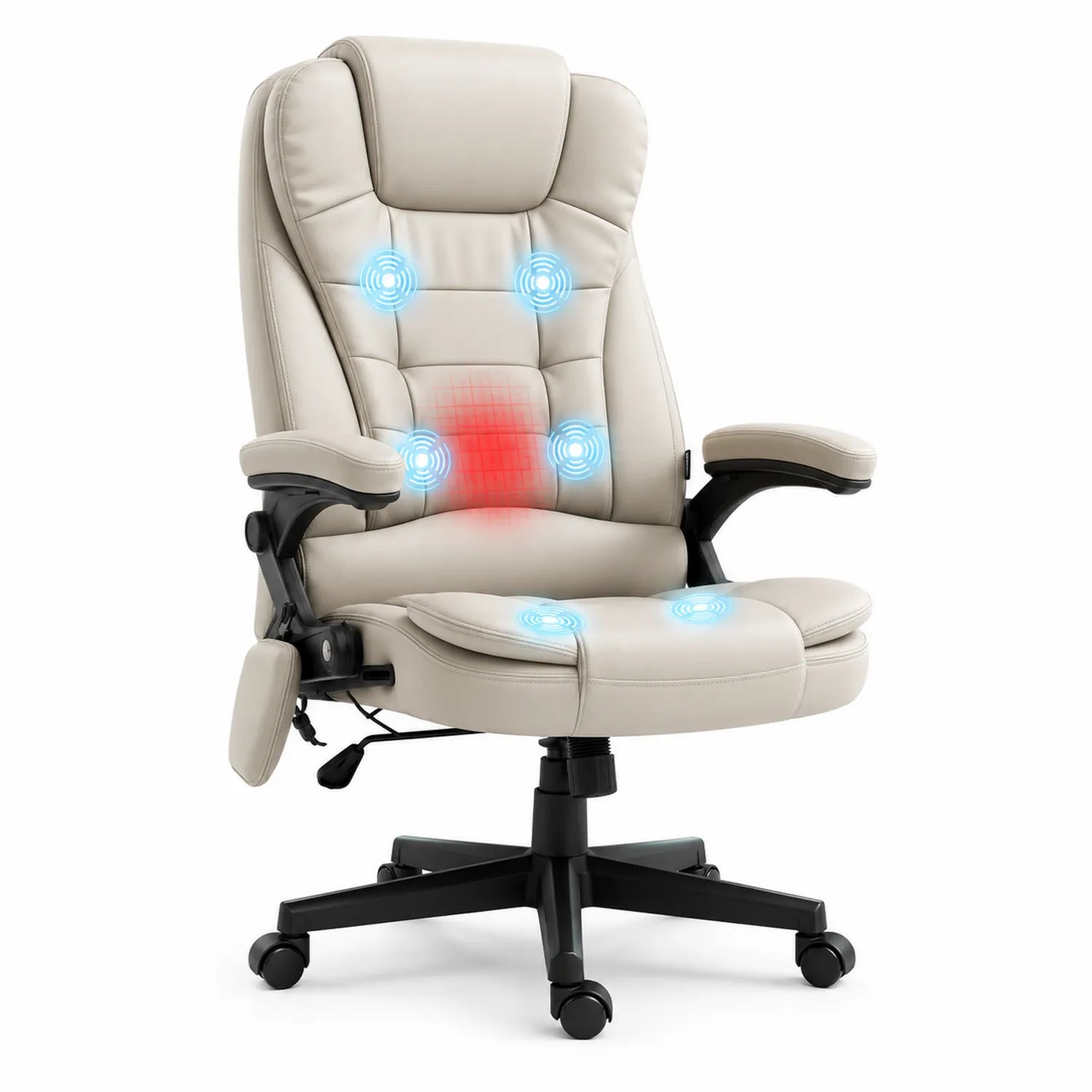 Sedia da ufficio massaggiante in pelle PU con supporto lombare, crema