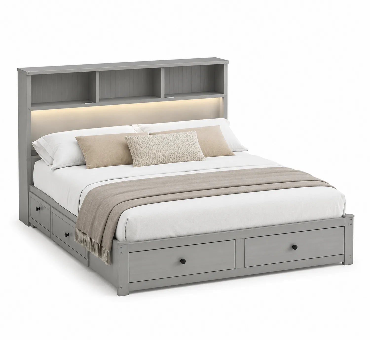 Letto matrimoniale in legno con scaffali e cassetti, 200x160 cm, Grigio