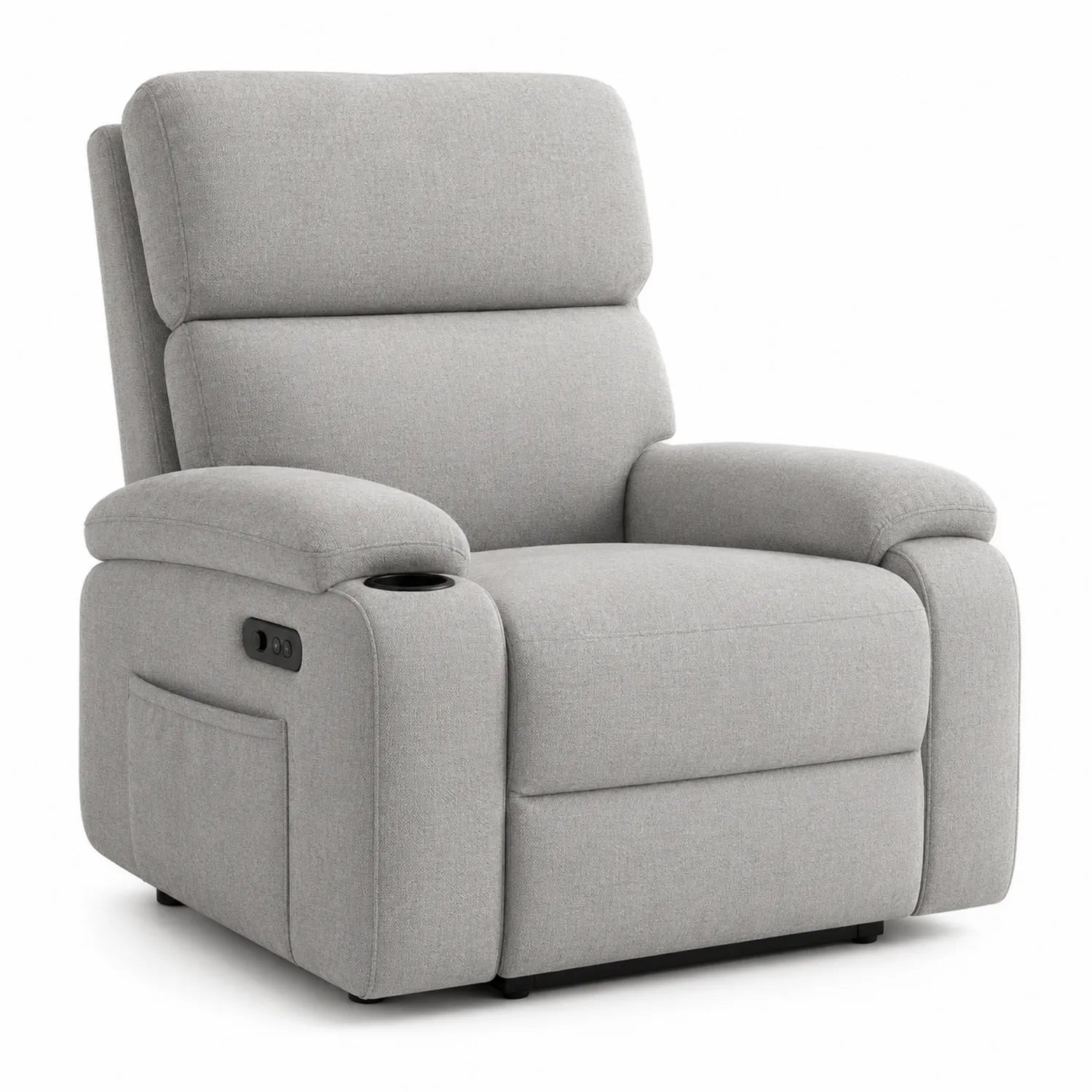 Poltrona reclinabile in tessuto grigio con porta bicchieri