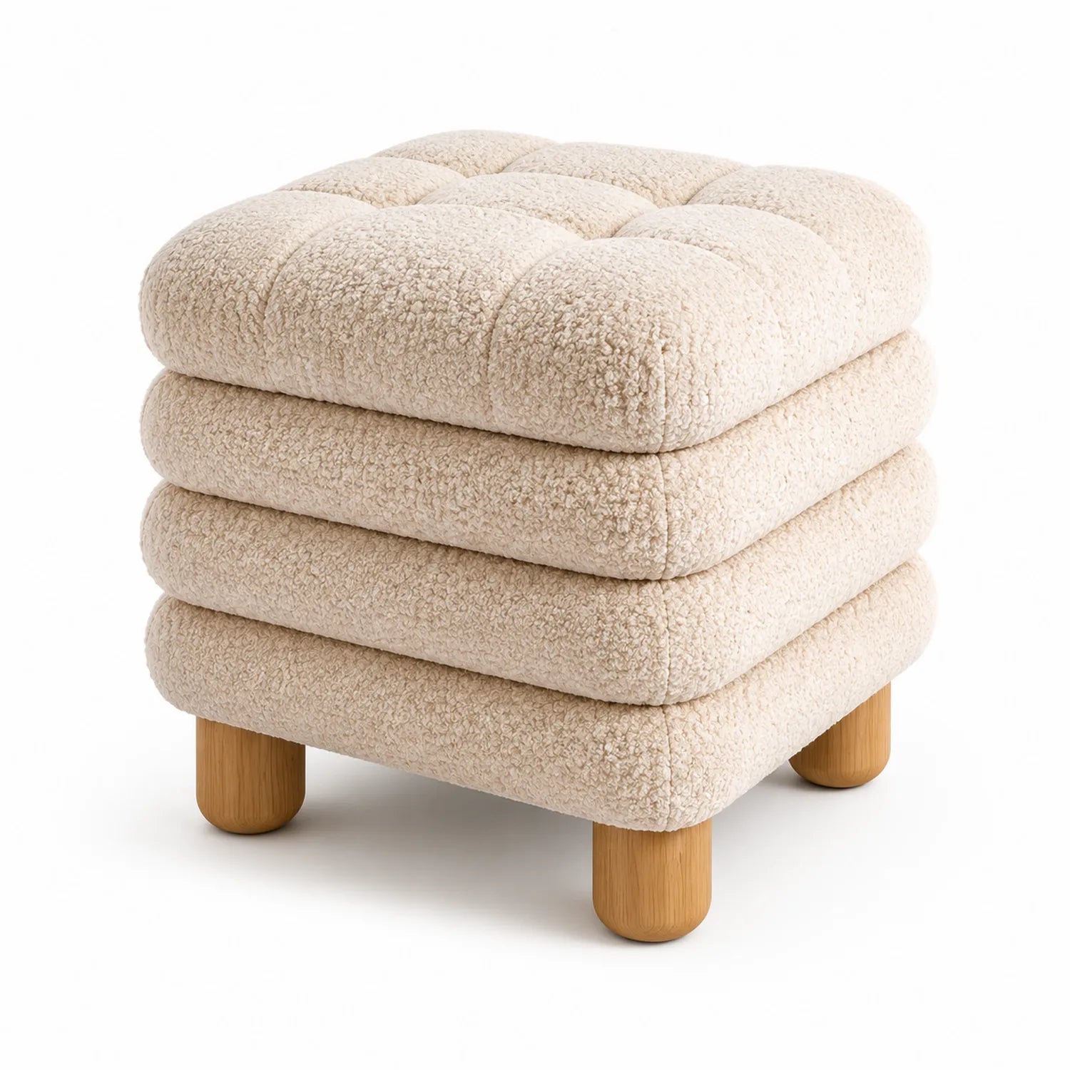 Pouf quadrato in tessuto bouclé e legno 40x40x45 cm Beige