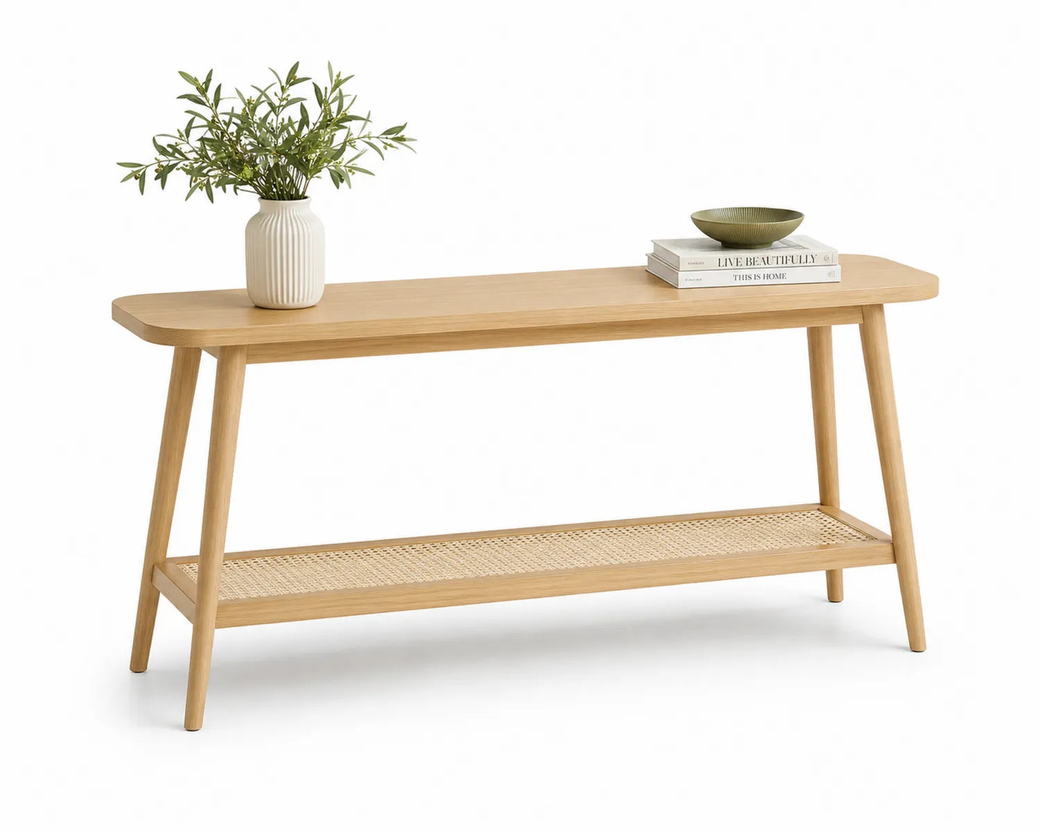 Consolle in Legno con Ripiano in Rattan