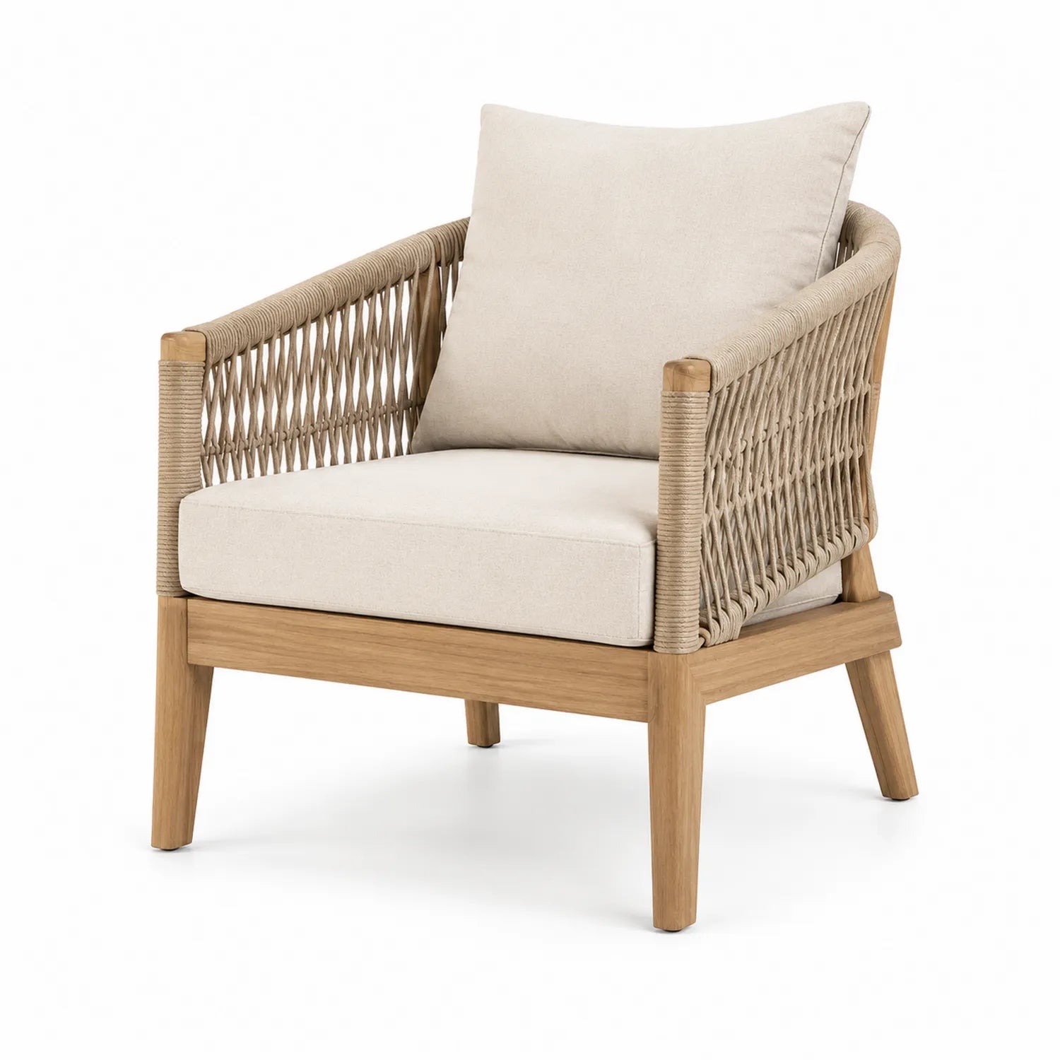 Poltrona in teak e corda con cuscini in tessuto beige