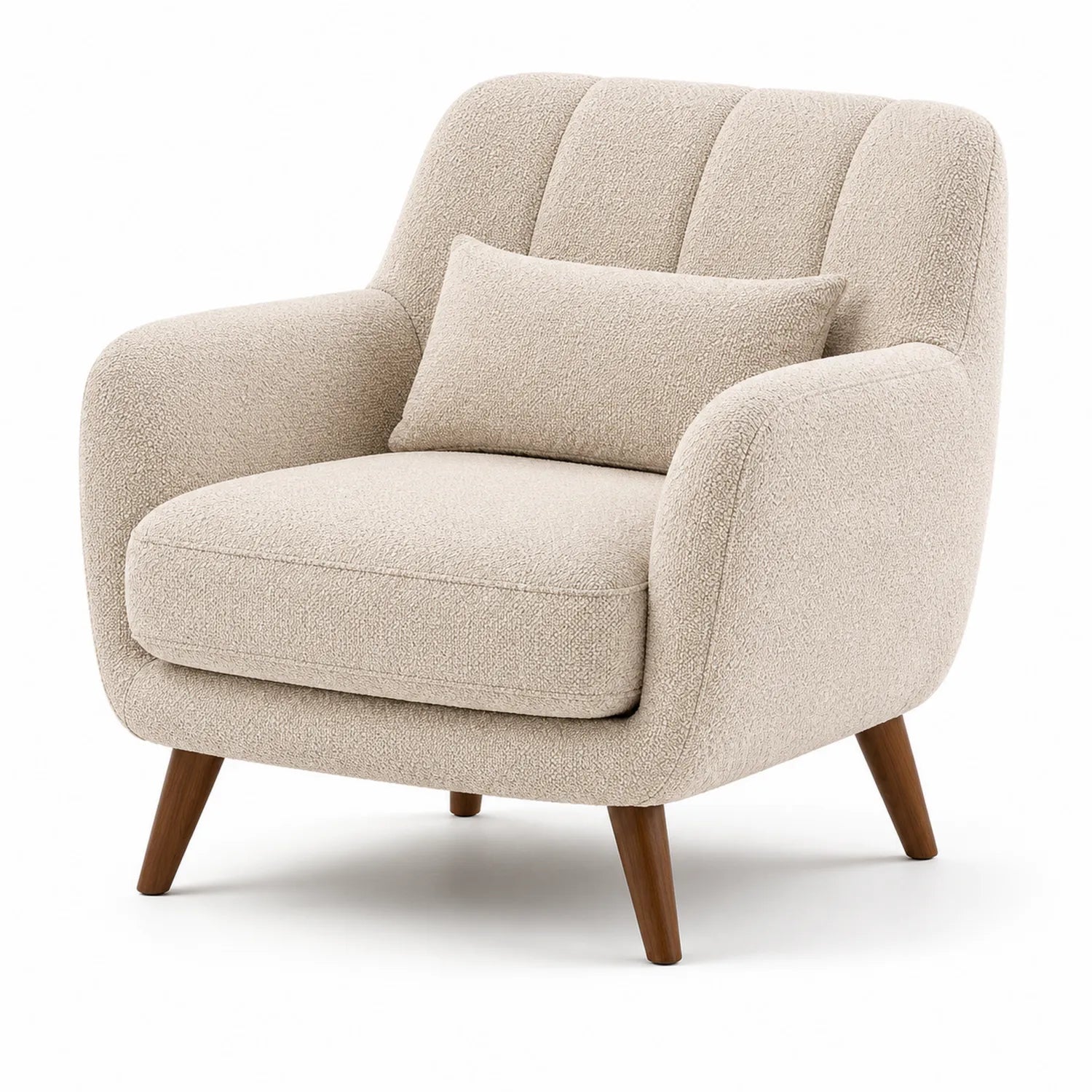 Poltrona in tessuto bouclé beige con gambe in legno