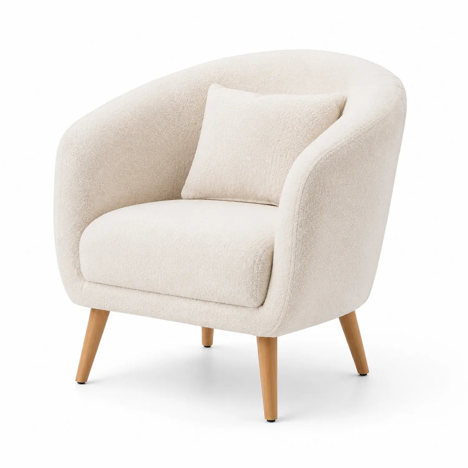 Poltrona in tessuto bouclé crema con gambe in legno