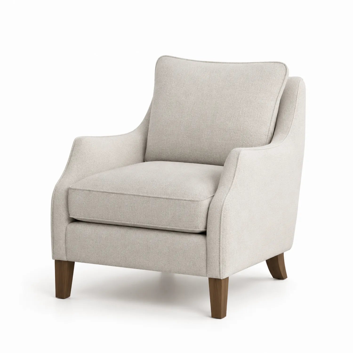 Poltrona in tessuto beige con gambe in legno