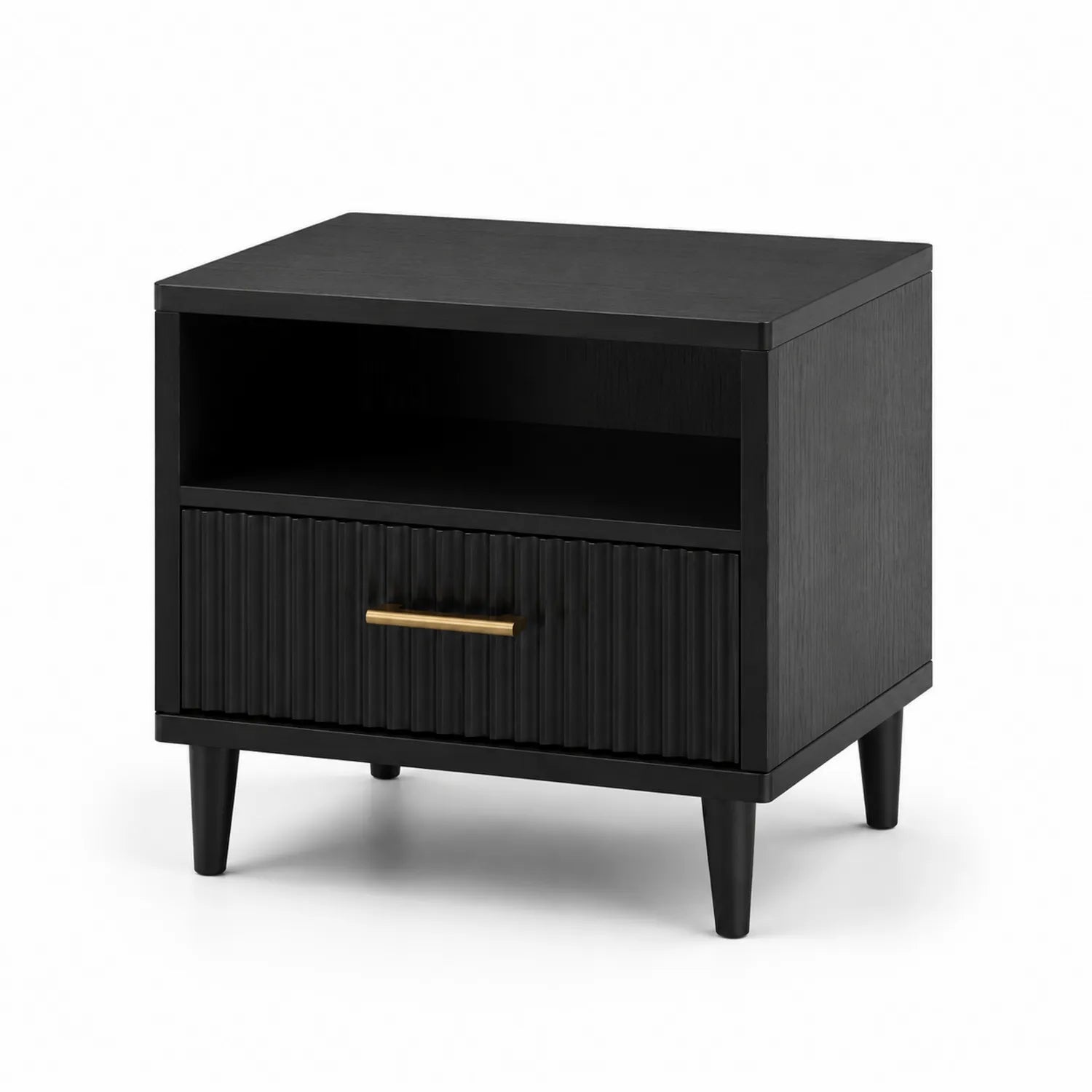 Comodino in legno MDF nero con cassetto e ripiano aperto