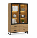 Vetrina in legno e metallo con ante in vetro temperato e cassetti, luce LED, 180x90x40 cm