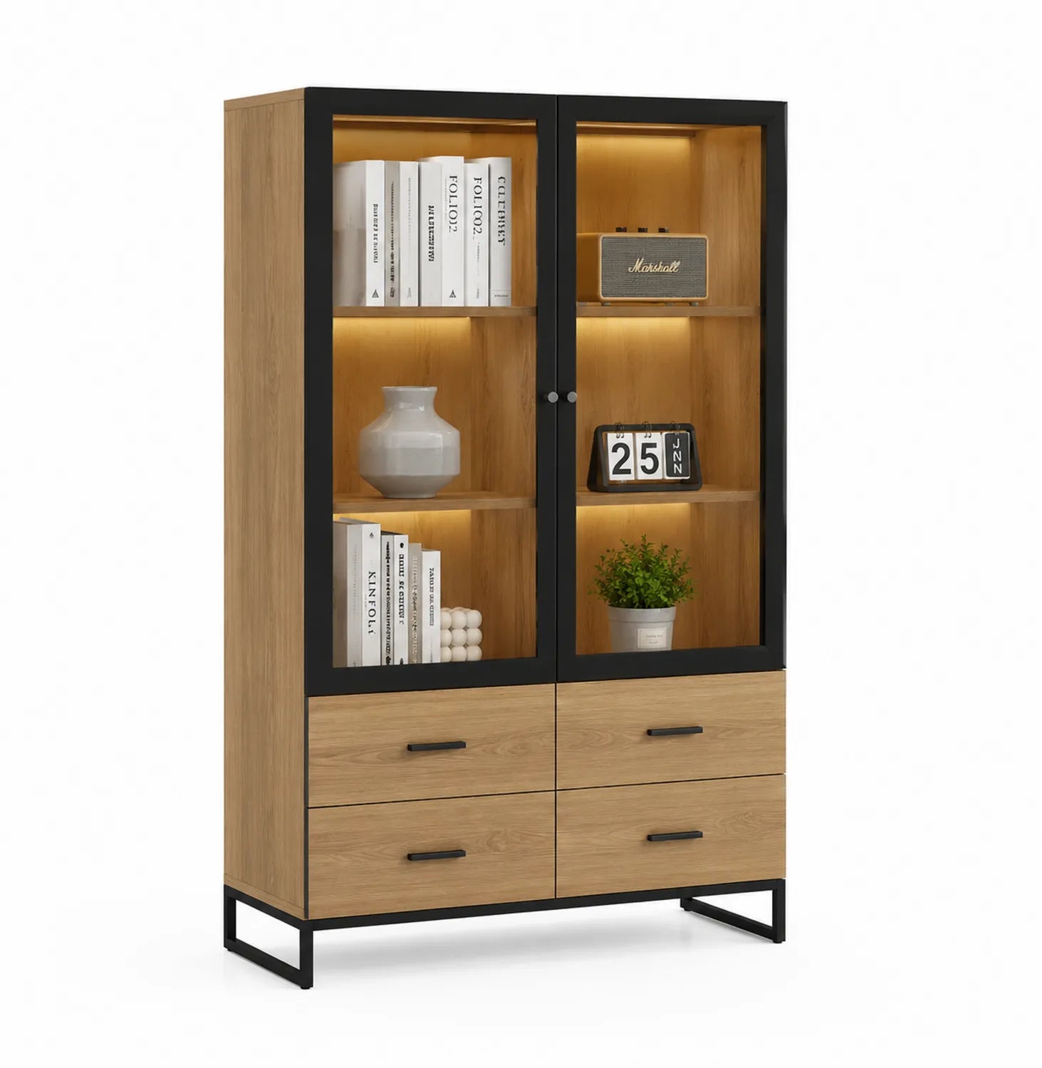Vetrina in legno e metallo con ante in vetro temperato e cassetti, luce LED, 180x90x40 cm