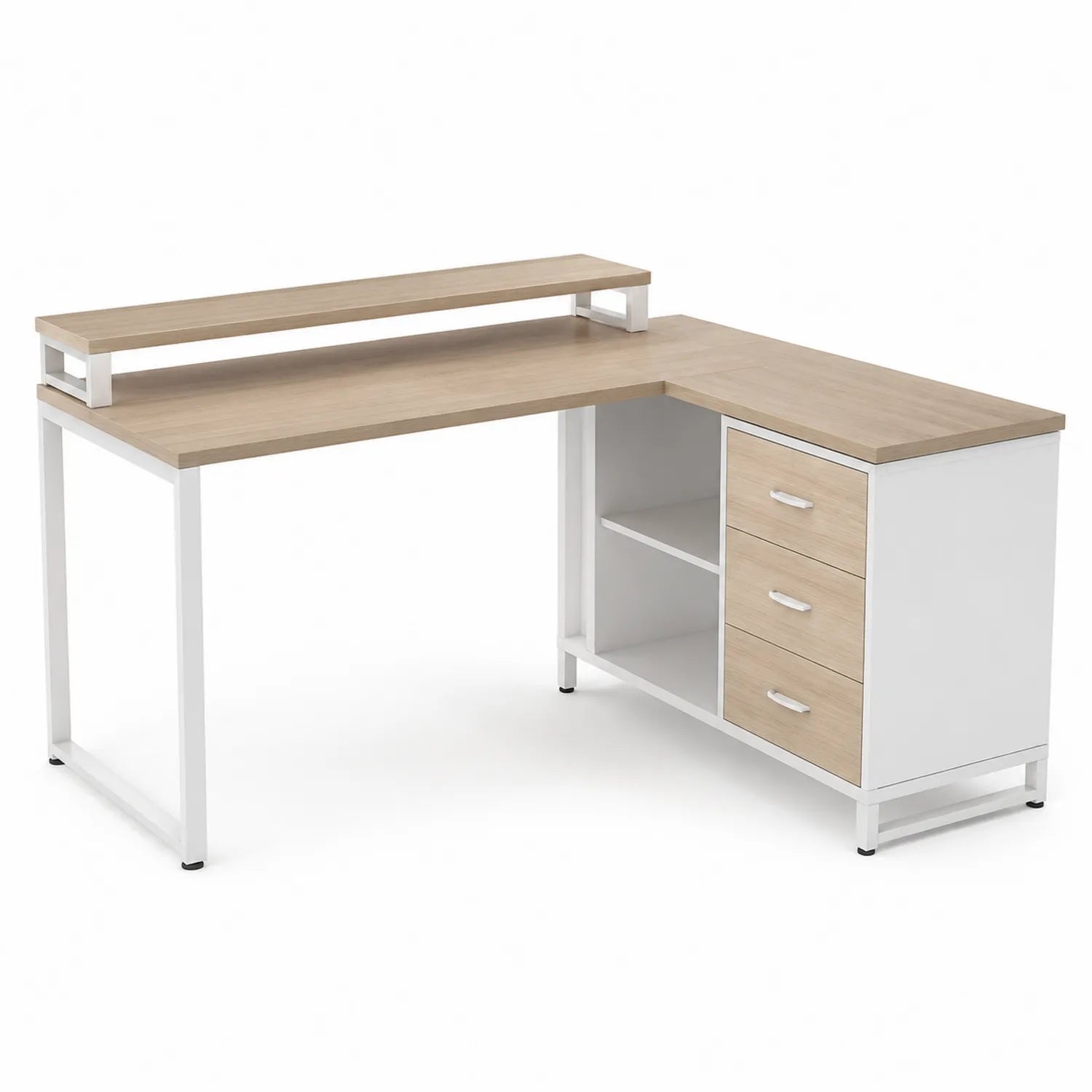 Scrivania angolare in MDF e metallo bianco con cassetti