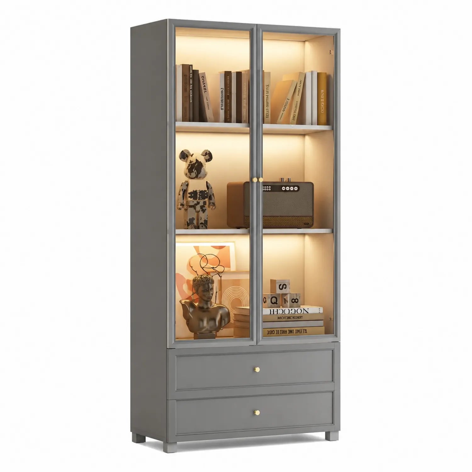 Vetrina in Legno Composito con Ante in Vetro Temperato, Grigio