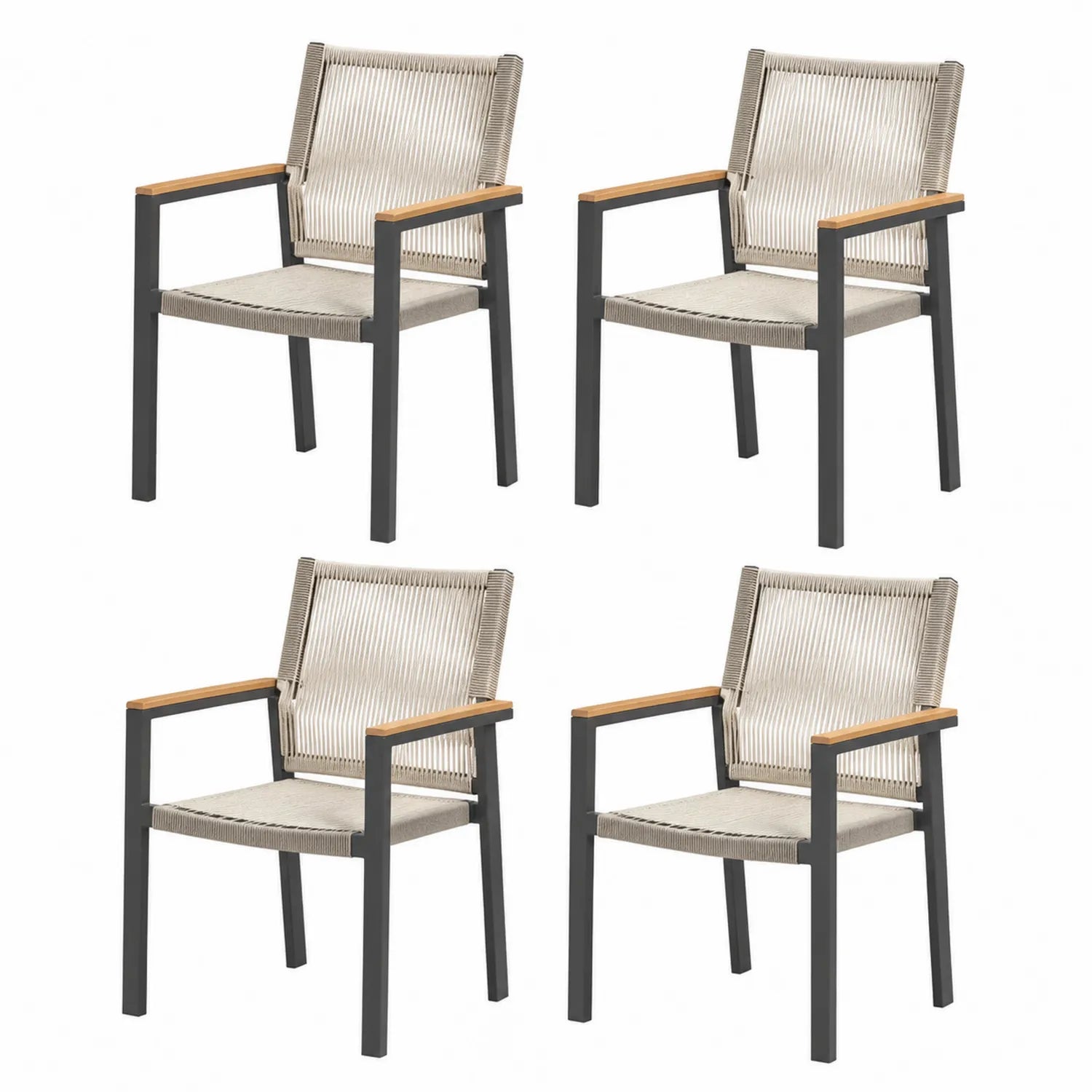 Set di 4 sedie in alluminio e corda con braccioli in legno, Beige