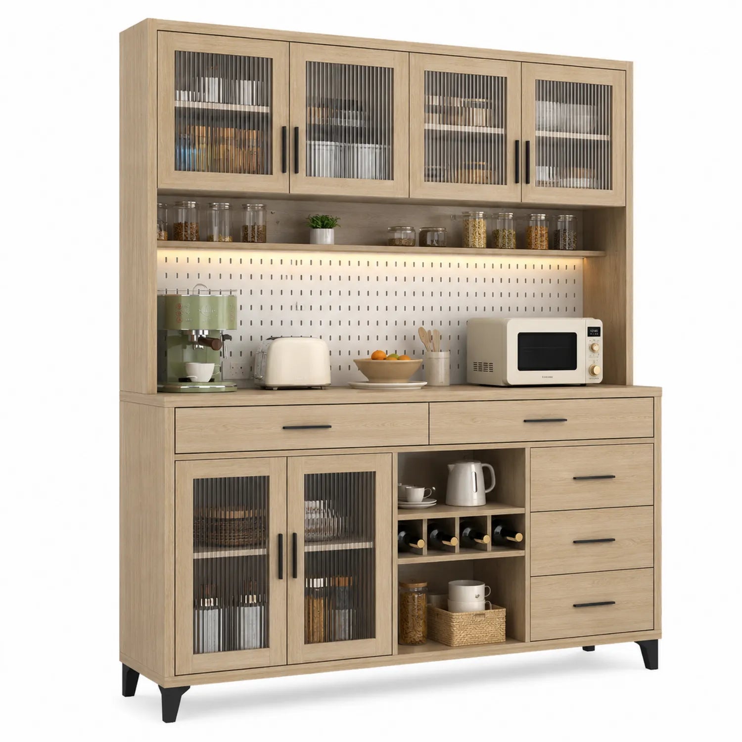 Credenza Moderna in Legno Chiaro con Ante in Vetro e Cassetti