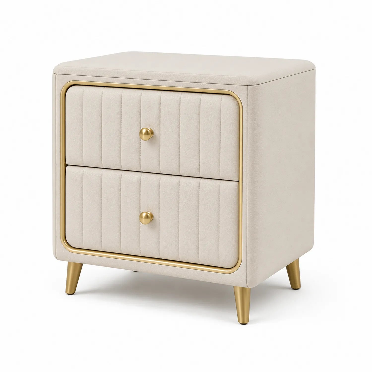 Comodino con cassetti rivestiti in tessuto beige