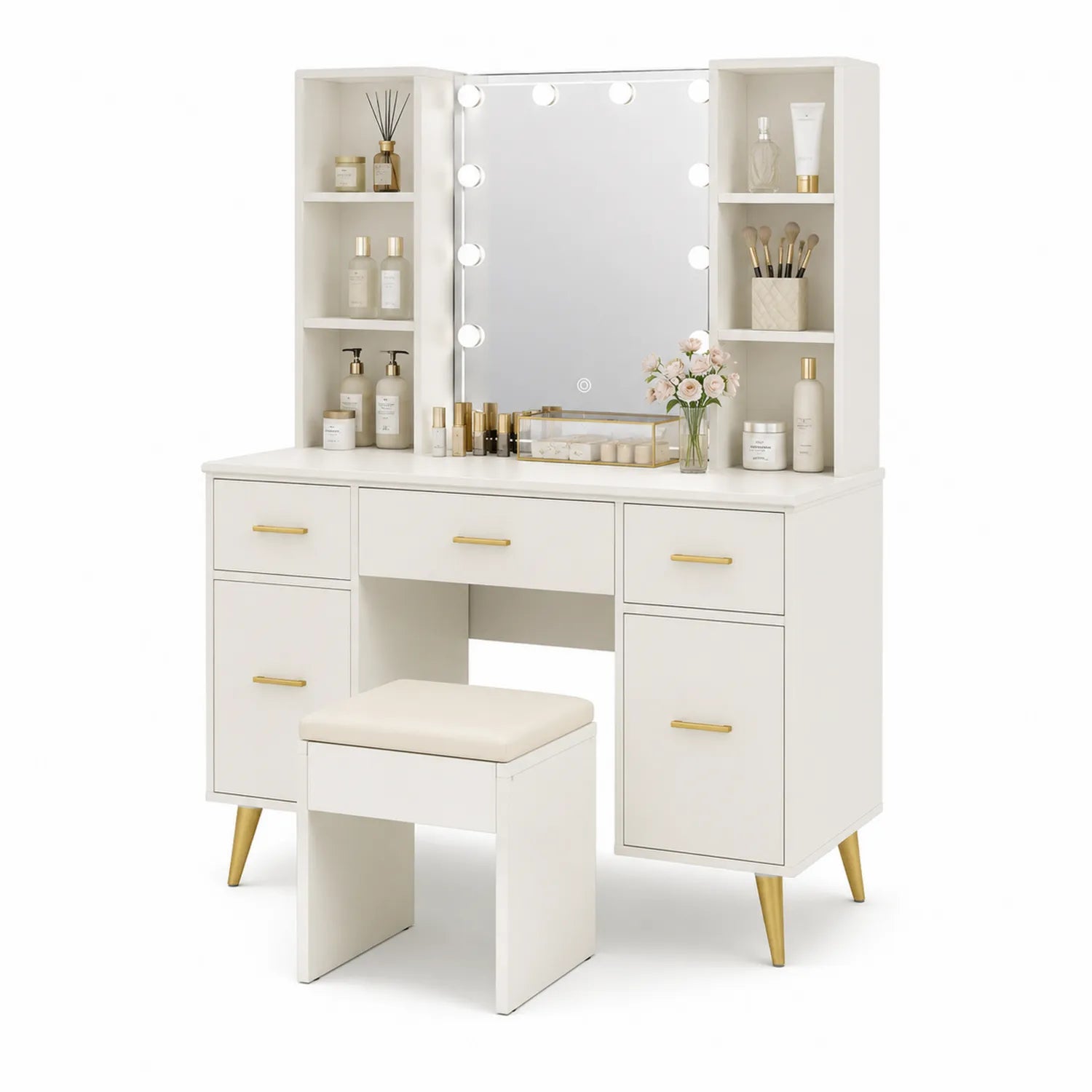 Toeletta con Specchio Illuminato e Sgabello in Legno MDF Bianco