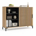 Credenza in legno con porta scorrevole, rovere e nero