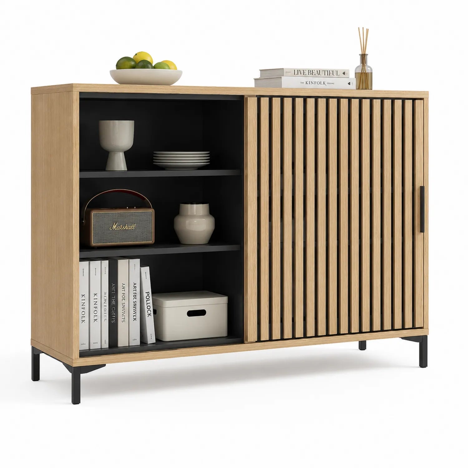 Credenza in legno con porta scorrevole, rovere e nero