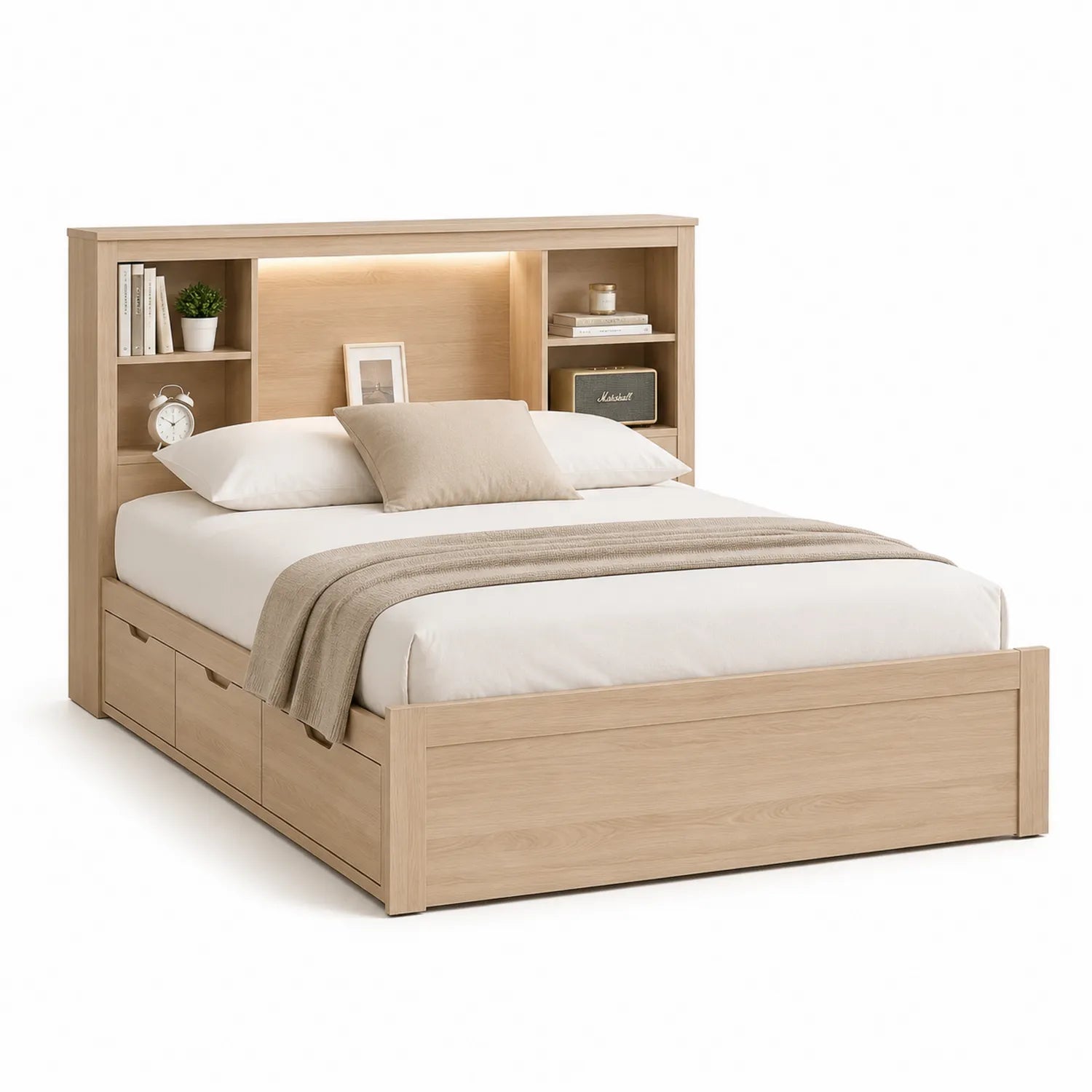 Letto Matrimoniale in Legno Chiaro con Spazio di Archiviazione