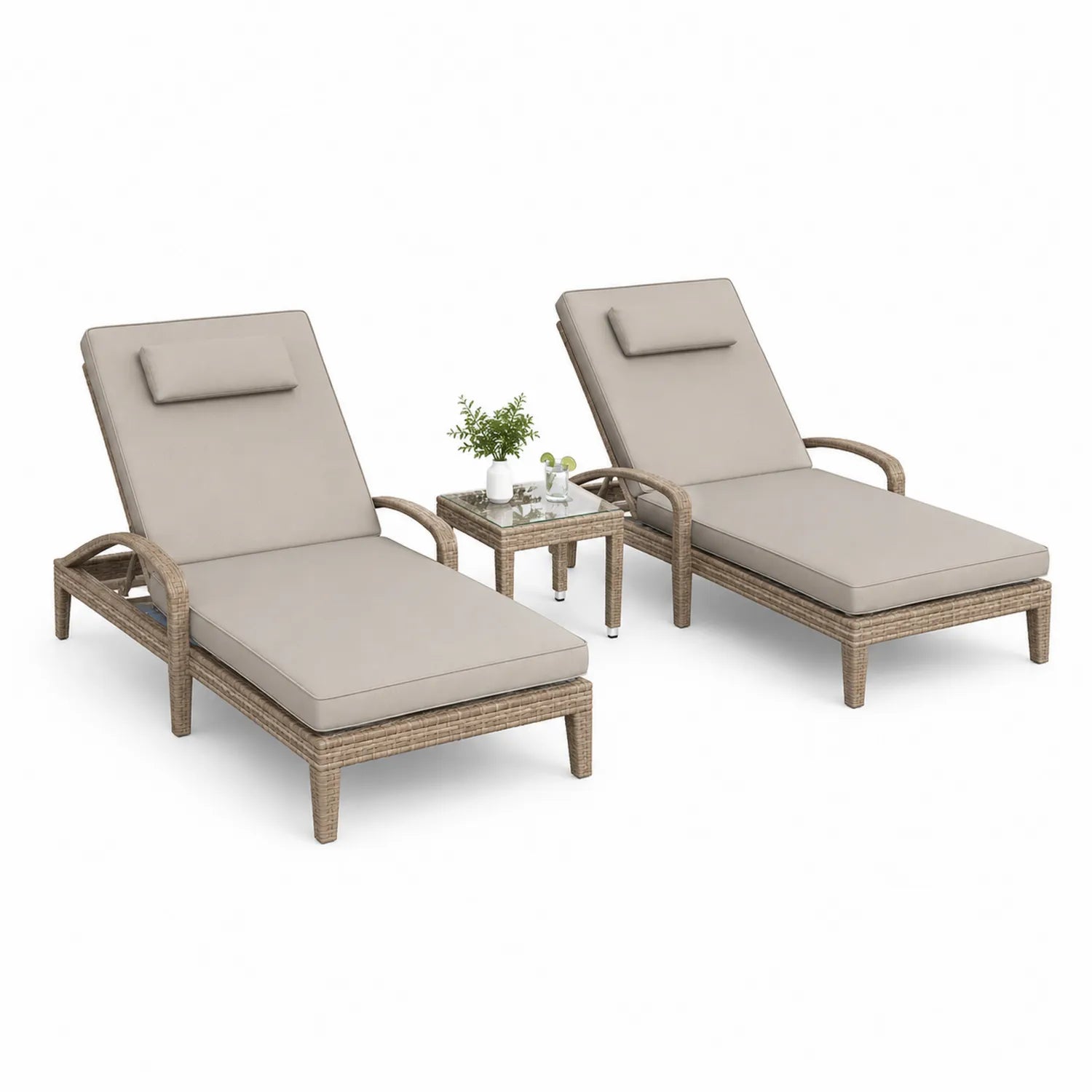 Set lettini in rattan sintetico beige con tavolino in vetro temperato