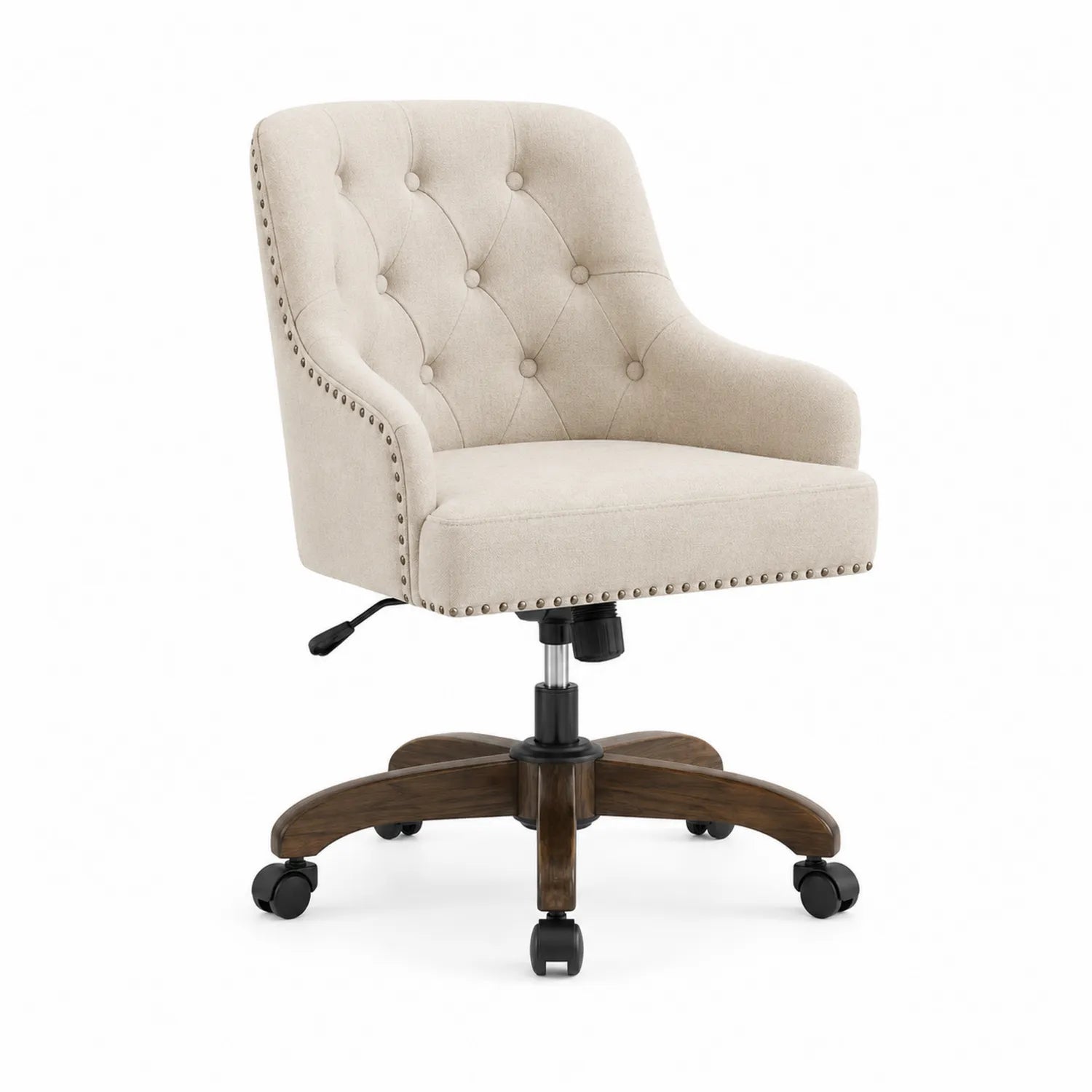 Sedia da ufficio in tessuto beige con base in legno