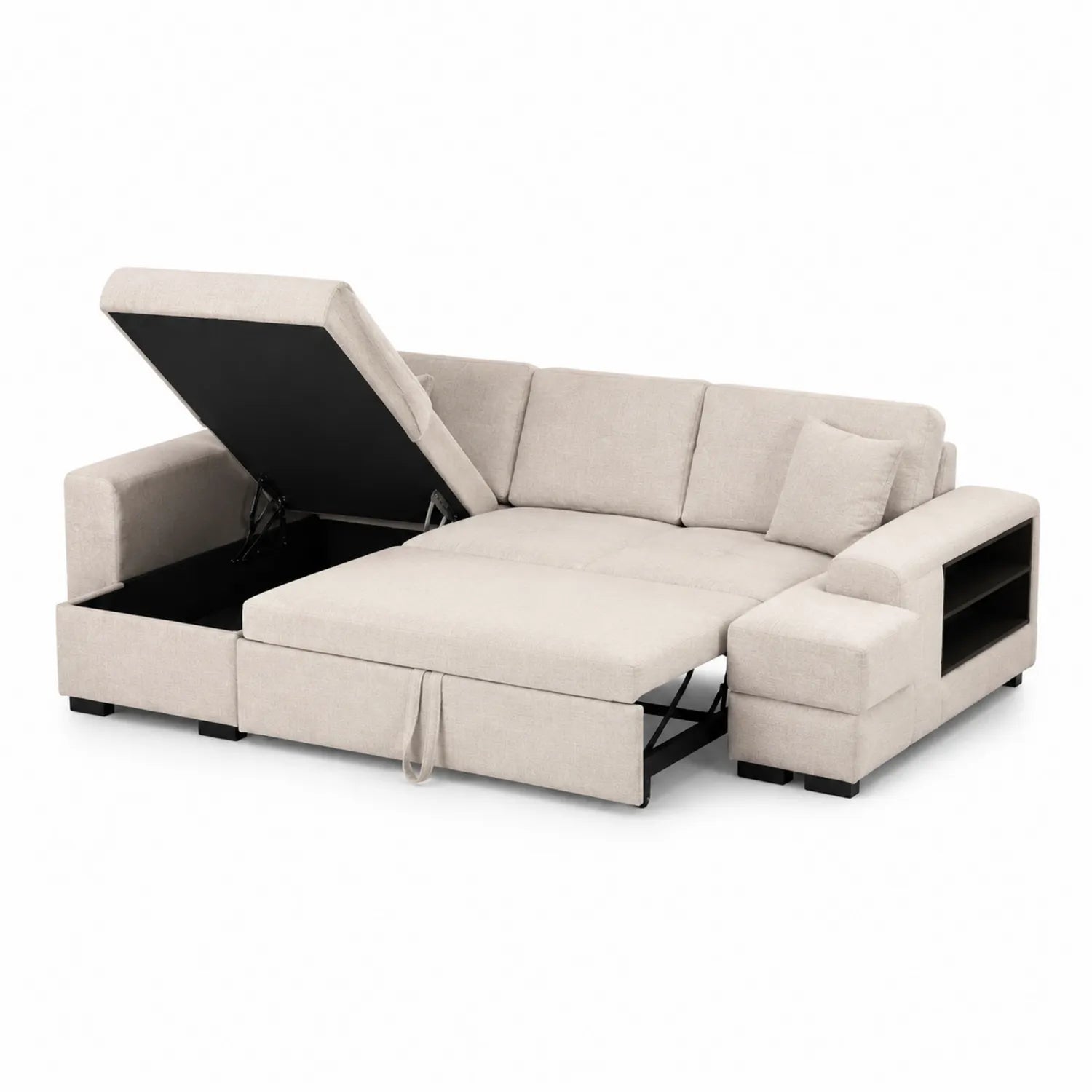 Divano Angolare Convertibile in Tessuto Beige con Contenitore e Libreria