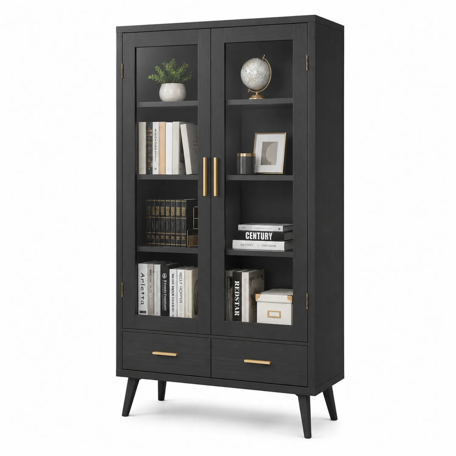Libreria in legno con vetro temperato e cassetti nera