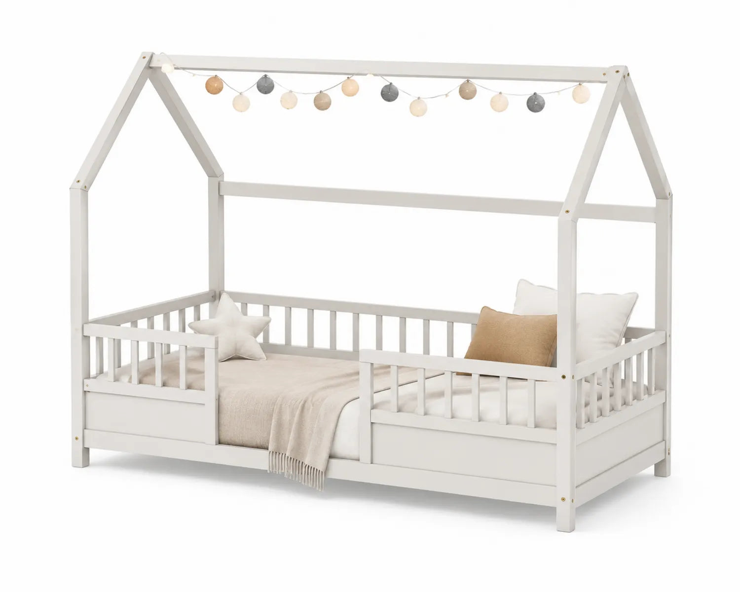 Letto a forma di casa in legno massello bianco con decorazioni