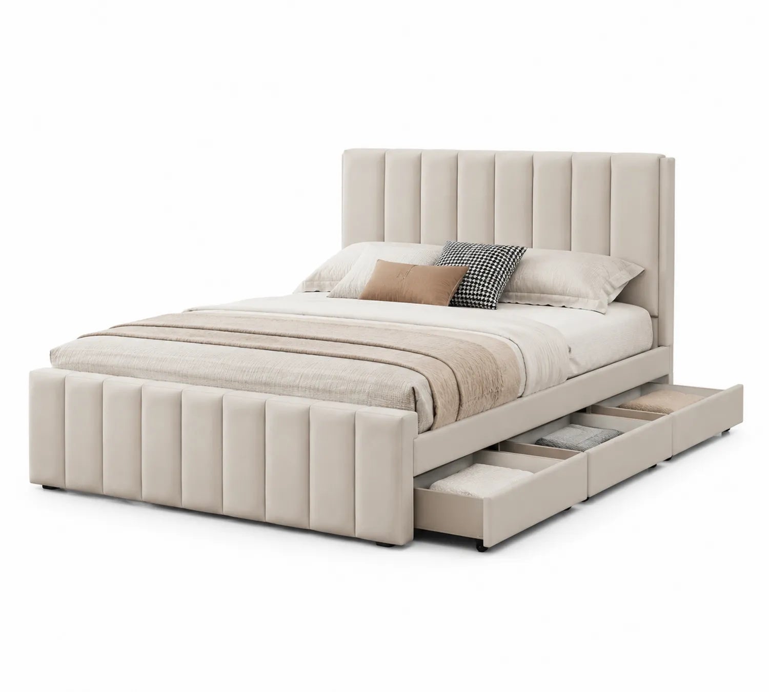 Letto matrimoniale in legno e tessuto con cassetti beige