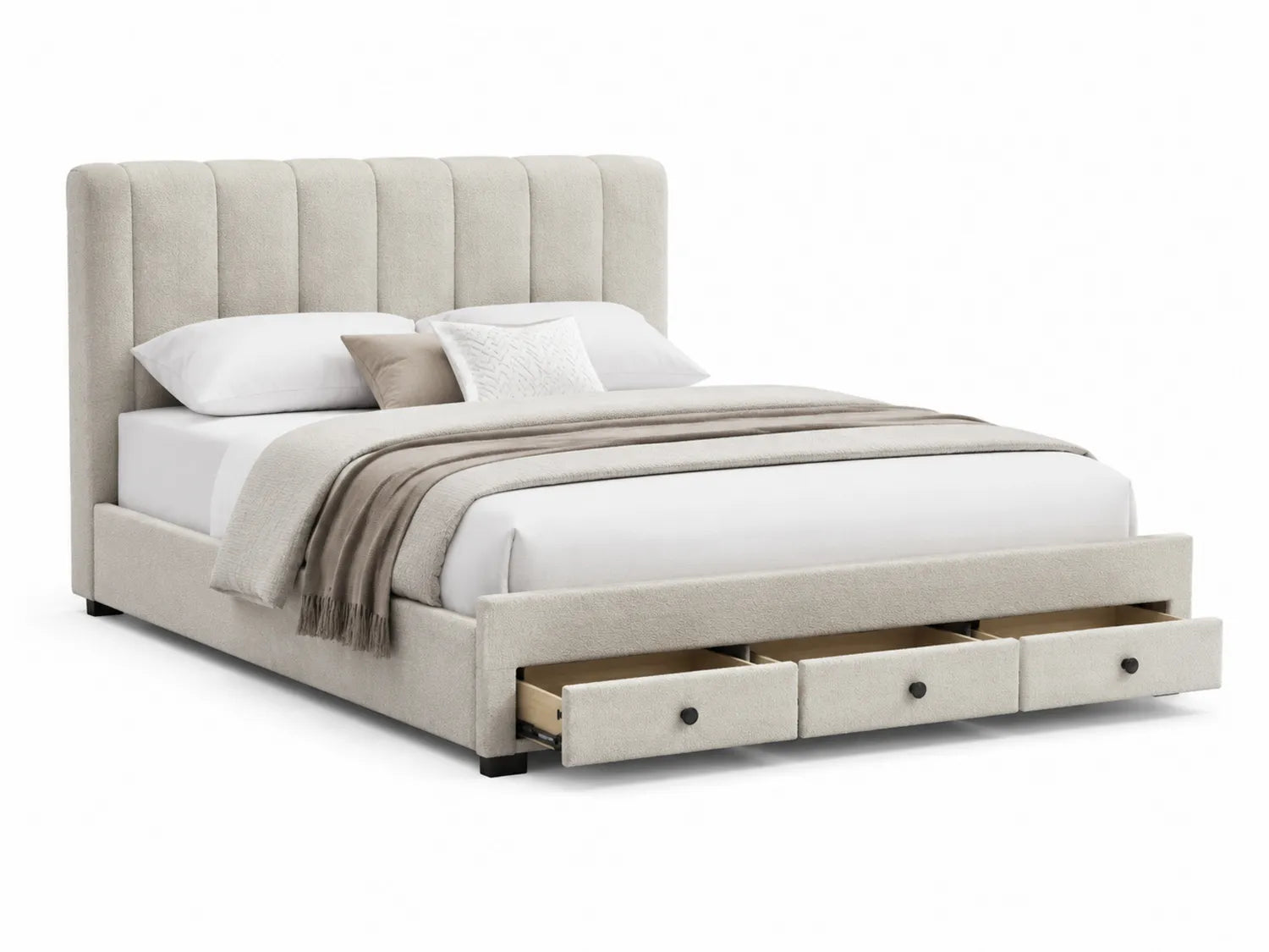 Letto matrimoniale con contenitore in tessuto beige con cassetti