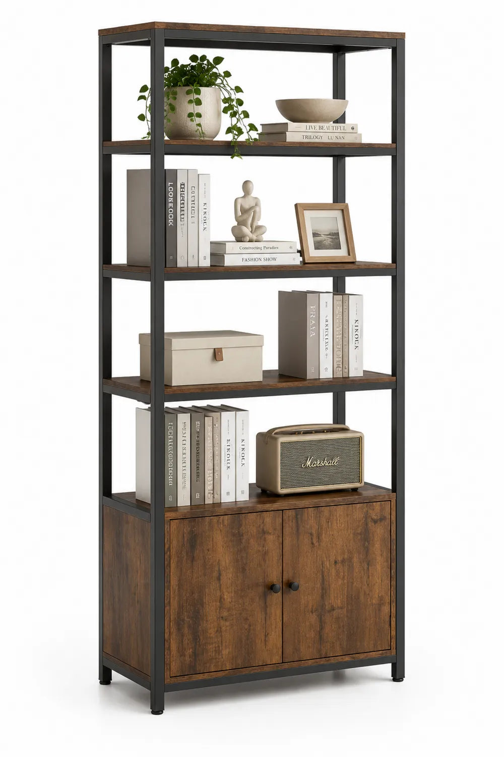 Scaffale Libreria in Legno e Metallo con Armadietto Inferiore 80x30x180 cm