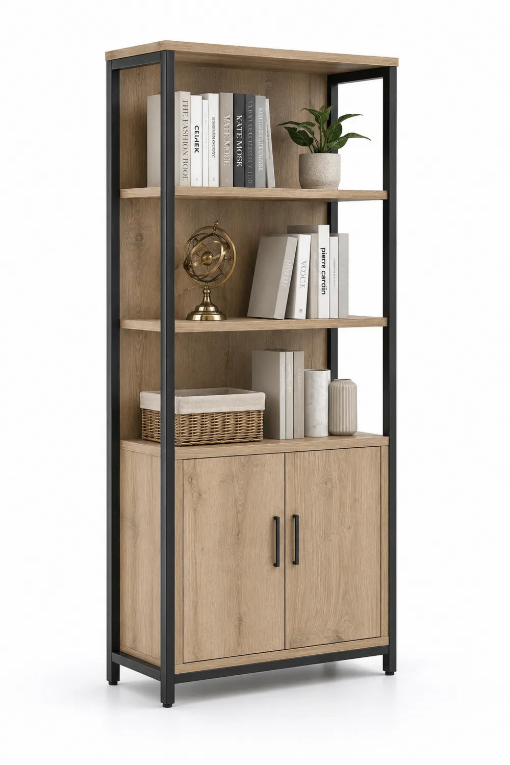 Libreria in legno e metallo nero con scaffali e armadietto