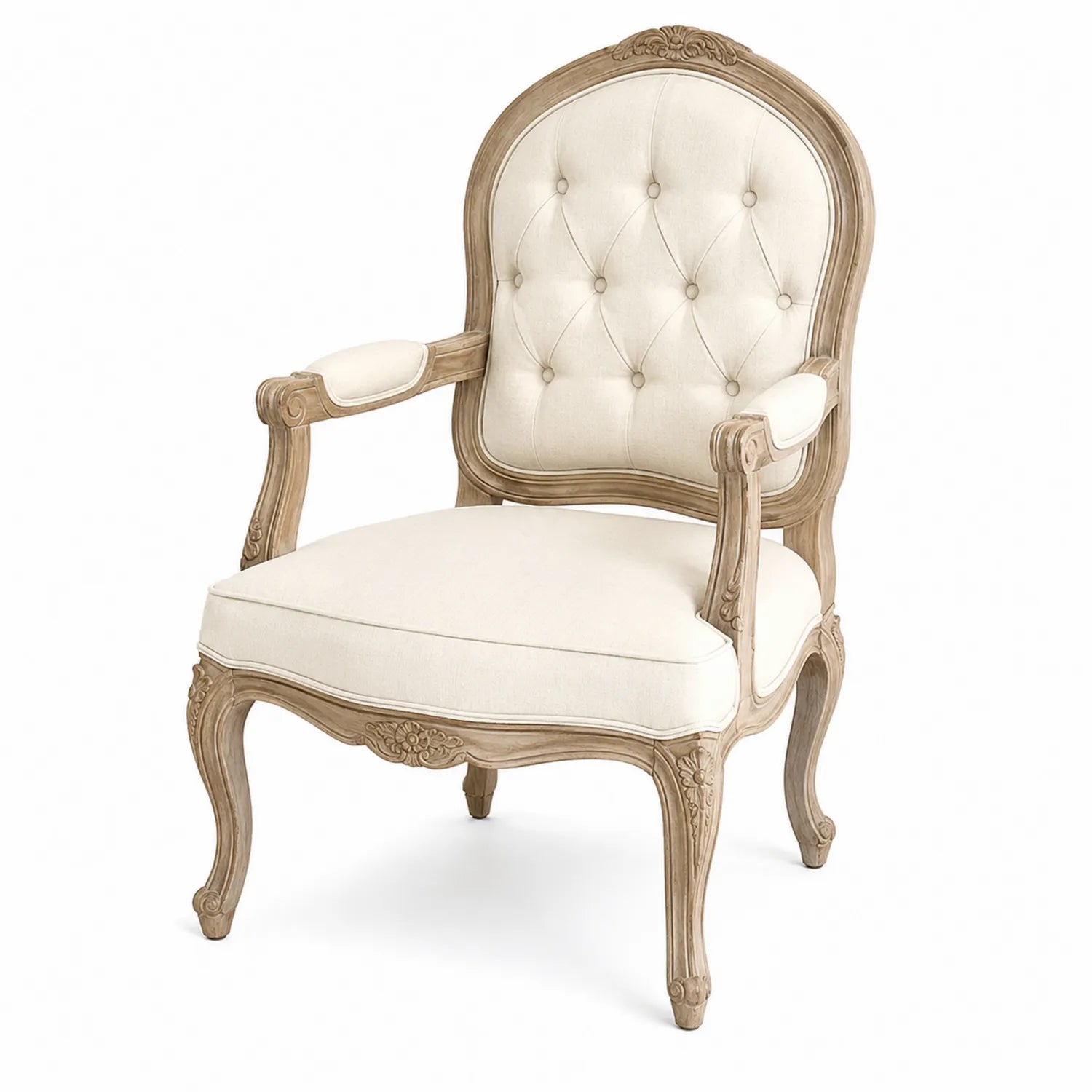 Poltrona in Lino Beige con Struttura in Legno di Quercia Intagliato
