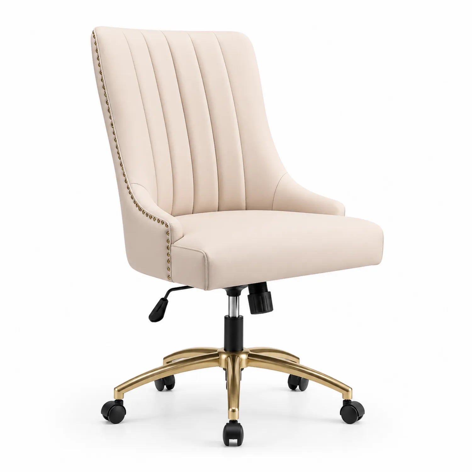 Sedia da ufficio in pelle sintetica beige con base in metallo
