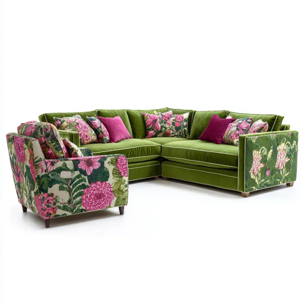 Sectional Sofa Set Velvet Fabric 300x100x85 cm Green and Pink Floral Pattern - Modern Design