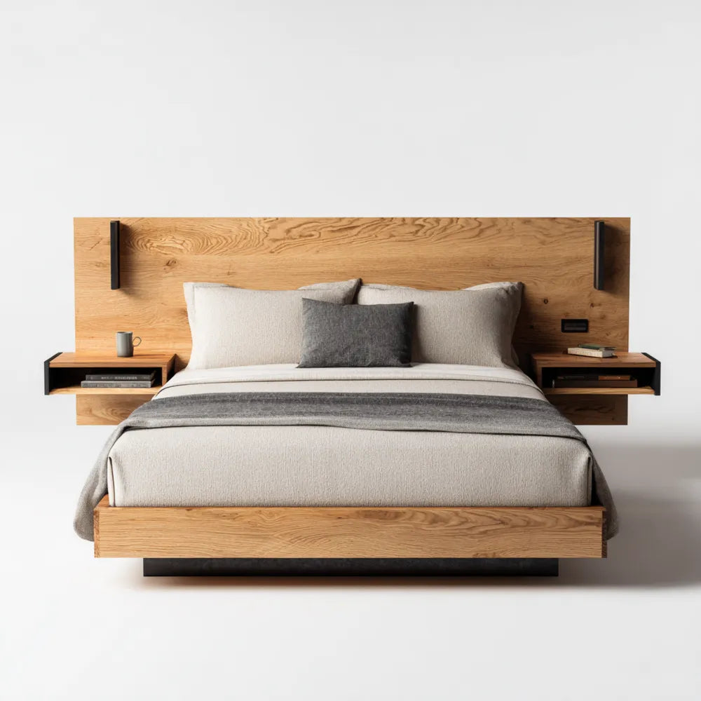 Double Bed 200cm x 140cm x 110cm Oak Wood Modern Design with Integrated Wooden Nightstands - Natural Finish