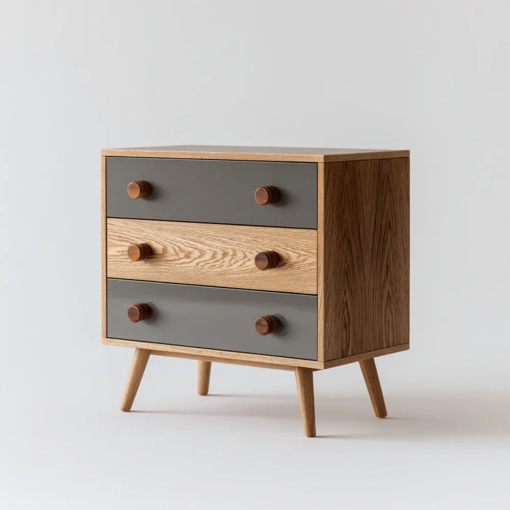 Chest of Drawers 64x40x74 cm - Oak Wood 3-Drawer - Grey - Mid-Century Modern Design