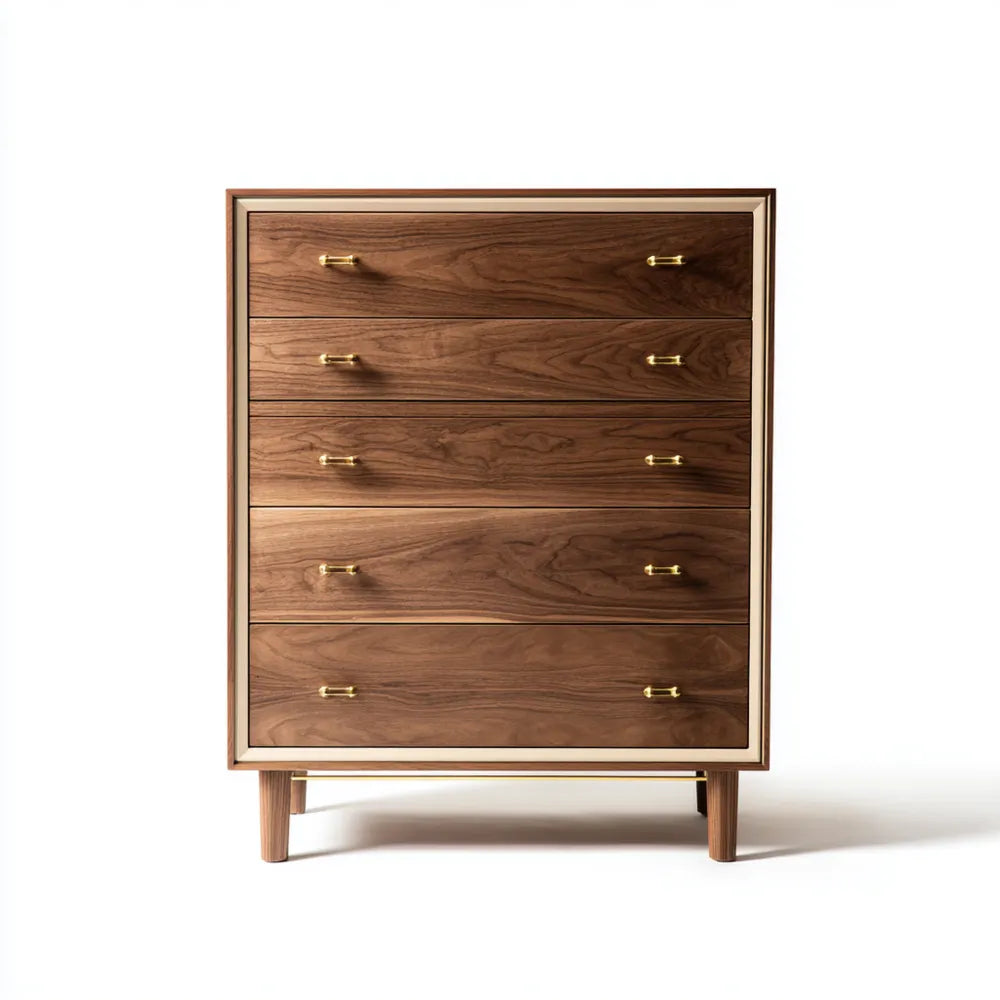 Chest of Drawers Walnut Wood with Brass Handles - 100x120x45 cm - Mid-Century Modern Design